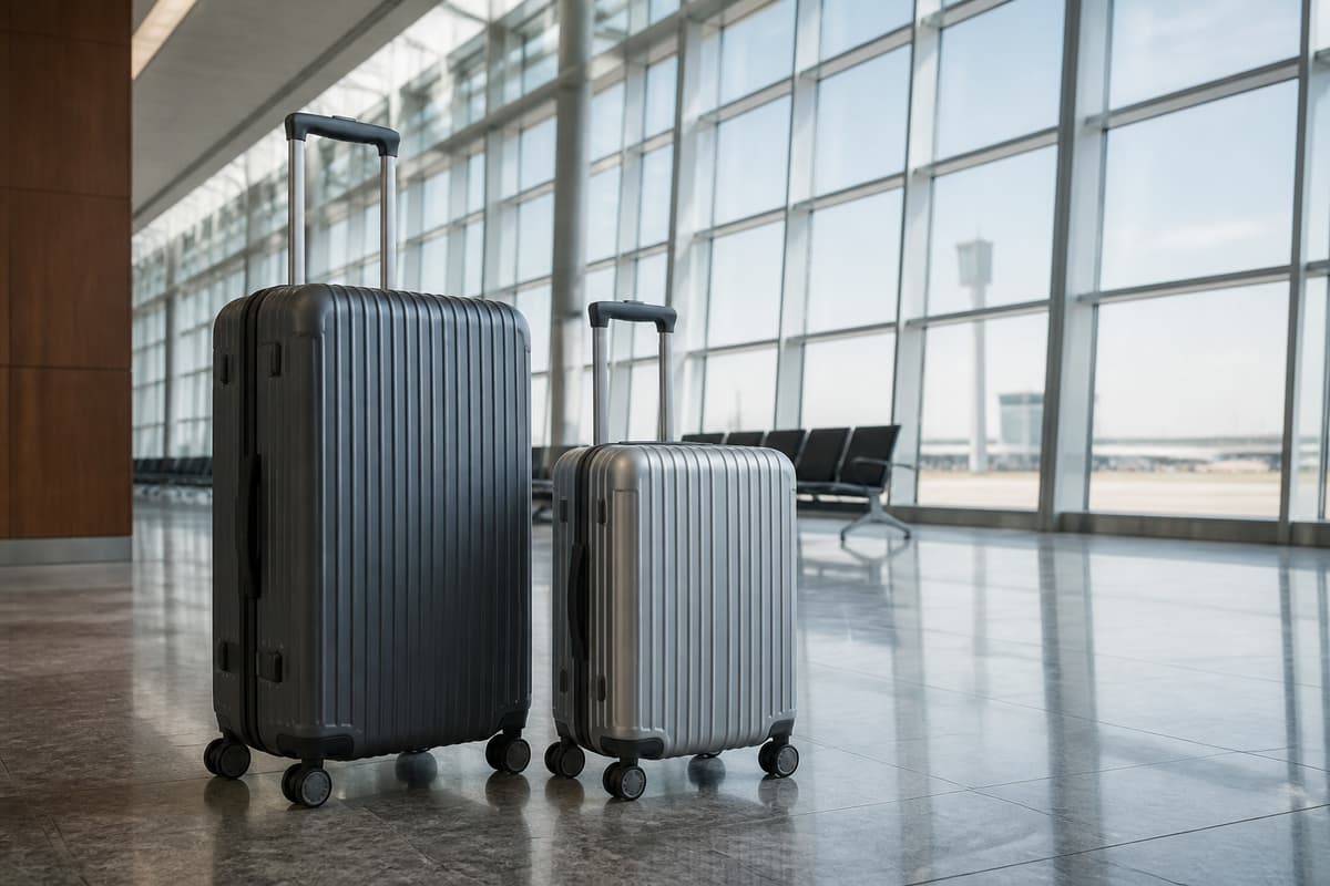 Deux valises rigides haut de gamme aux formats cabine et soute posées sur le sol d'un hall d'aéroport lumineux.